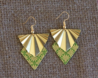 Japanese Paper Earrings-Rhombus Earrings-Boho Earrings-Green Gold Earrings-Unique Artisan Jewelry-Statement Earrings-Grey Gold Earring