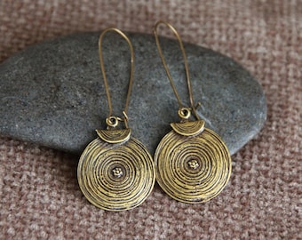 Original Boho Bronze Earrings | Antique Bronze | Hammered Embossed Bronze Charm Dangle Earrings | Rustic Metal Earrings | Ethnic Jewellery