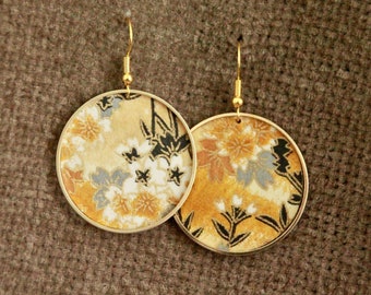 Flower Earrings | Japanese Paper Earrings | Round Metal Charm Hoops | Unique Artisan Jewelry | Elegant Statement Earrings | Yellow and Gold