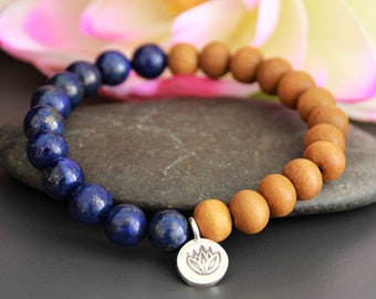 Lapis Lazuli Sandalwood Bracelet | Sandalwood Gemstone Stretchy Bracelet | Bohemian Jewellery | Wood Beads Bracelet | Natural Jewellery