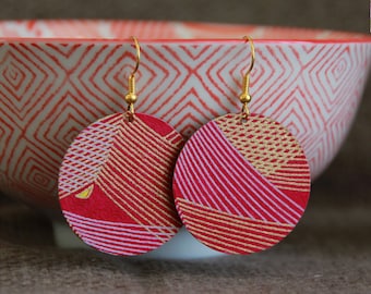 Modern Hoops | Japanese Paper Earrings | Round Metal Charm Earrings | Unique Artisan Jewelry | Elegant Red Gold Pink Statement Earrings