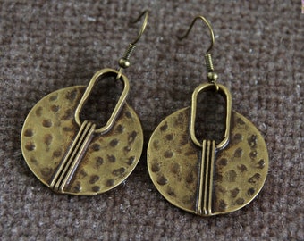 Modern Bronze Earrings-Original Design Earrings-Large Metal Earrings-Hammered Bronze Earrings-Long Charm Earrings-Ethnic Rustic Jewellery