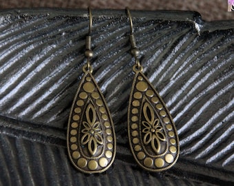 Bronze Teardrop Earrings | Antique Bronze | Flower Metal Dangle Earrings | Bohemian Ethnic Jewelry | 50mm | Dainty Pretty Statement Earrings