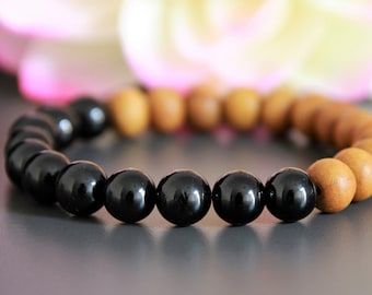 Pulsera de sándalo de turmalina-pulsera elástica de turmalina negra de sándalo-joyería boho de yoga-pulsera de cuentas de madera-joyería natural