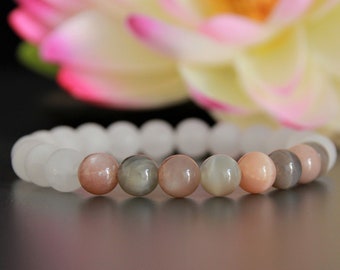 Moonstone and Rose Quartz Bracelet-Stretchy Beaded Yoga Bracelet-Wrist Mala-Stackable Bracelet-Chakra Reiki Boho Fertility Healing Bracelet