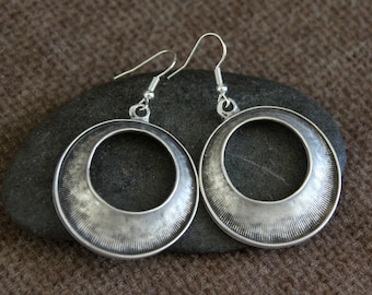 Silver Hoops | Antique Silver | Hammered Brass Metal Earrings | Large Circle | Ethnic Jewellery | Original Earrings | Large Round Earrings