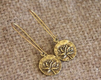 Lotus Flower Earrings | Bronze Metal Earrings | Hancrafted Earrings | Long Light Dangle Earrings | Original Yoga Ethnic Rustic Jewellery