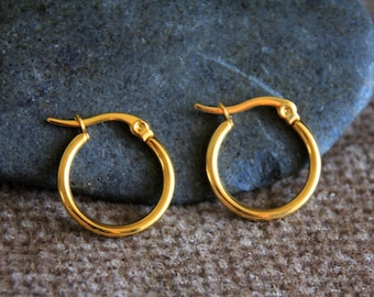 15mm Small Golden Hoop Earrings | Hypoallergenic Earrings | Tiny Golden Hoops | Boho Modern Earrings