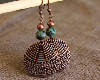 Copper and African Turquoise Dangle Earrings | EVOLUTION/NEW PERCEPTIONS/Positive Change/Structure | Bohemian Ethnic Metal Charm Earrings