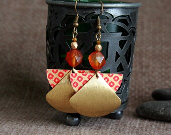 Carnelian Earrings | Red Gold Statement Earrings | Japanese Paper Earrings |  Handcrafted Jewelry | Elegant Bold Red and Gold Earrings