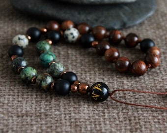 Pocket Mala | OM Mani Padme Hum | 27 bead Buddhist Prayer Beads | Turquoise Onyx Dalmatian Wood Copper | Mantra Recitation Yoga Meditation