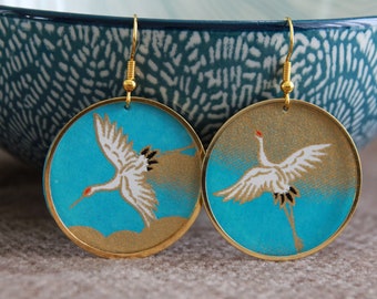 White Bird Earrings | Japanese Crane Charm Earrings | Japanese Paper | Statement Earrings | Handmade Crafted Jewelry | Blue Gold Earrings