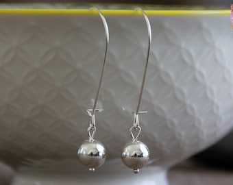 White Gold Earrings | White Gold Drops | 8mm | Small White Gold Ball Earrings on Long Silver Ear Wire | Minimalist Delicate Elegant Earrings