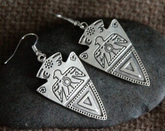Ethnic Silver Earrings | Antique Silver | Decorated Metal Charm Earrings | Bird Earrings | Original Boho Earrings | Aztec Tribal Jewellery