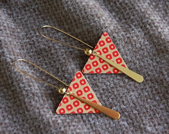 Red and Gold Triangle Earrings | Japanese Paper Earrings | Handmade Metal Charm Earrings | Unique Artisan Jewelry | Long Statement Earrings