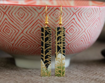 Original Bar Earrings | Japanese Paper Metal Charm | Boho Long Rectangle Earrings | Unique Handmade Jewelry | Elegant Statement Earrings