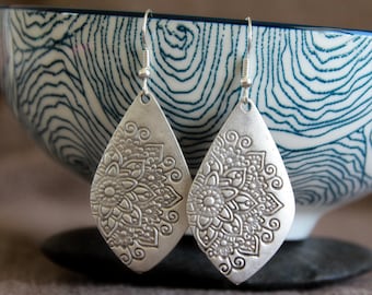 Silver Flower Embossed Bohemian Earrings | Antique Silver | Hammered Silver Metal Dangle Earrings | Ethnic Jewellery | Original Earrings