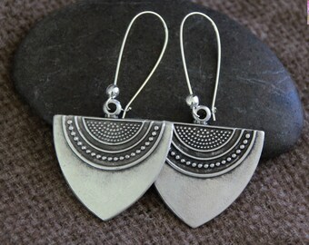 Original Silver Earrings | Antique Silver | Large Triangle Metal Charm Earrings | Rustic Boho Ethnic Jewelry | Unique Statement Earrings