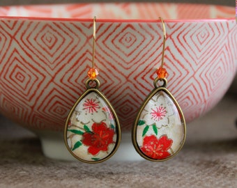 Flower Earrings-Japanese Paper Earrings-Sakura Blossom-Golden Red Orange Earrings-Unique Artisan Jewelry-Elegant Statement Earrings-Cabochon