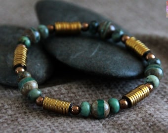 Ethnic Bracelet-African Turquoise and Dzi beads-EVOLUTION/NEW PERCEPTION-Stretchy Gemstone Bracelet-Quality Original Organic Natural Jewelry
