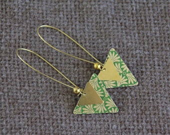 Green and Gold Triangle Earrings | Japanese Paper Metal Charm Earrings | Long Light Boho Earrings | Handmade Jewelry | Statement Earrings