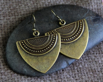 Original Bronze Earrings-Antique Bronze Earrings-Large Triangle Metal Charm Earrings-Rustic Boho Ethnic Jewelry-Unique Statement Earrings