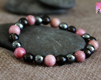 Hematite Smoky Quartz Rhodonite Bracelet-PROTECTION/GROUNDING/FREEDOM to Love-Gemstone Stretchy Bracelet-Crystal Healing Bracelet-Unisex