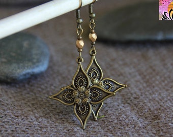 Bronze Flower Earrings | Star Earrings | Antique Bronze | Bronze Metal Dangle Earrings | Original Handmade Bohemian Ethnic Gypsy Jewellery