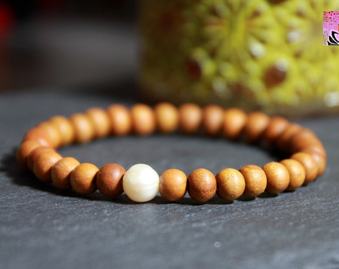 Featured listing image: Pearl and Sandalwood Bracelet | Sandalwood Freshwater Pearl Stretchy Bracelet | 6mm | Bohemian Jewelry | Natural Fine Wood Beads Bracelet