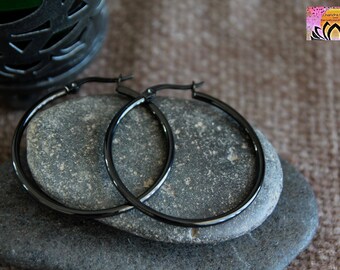 Glam Hoops Bohemian Style Black Shimmer Dangle Hoops with Feather Charm