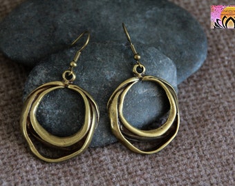 Modern Bronze Hoop Earrings-Antique Bronze Earrings-Metal Dangle Earrings-Yoga Bohemian Ethnic Jewellery-Handmade Rustic Original Earrings