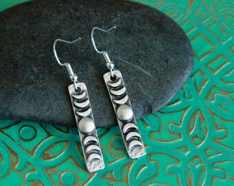 Moon Phases Silver Earrings | Long Antique Silver Earrings | Light Hammered Metal Charm Earrings | Original Boho Ethnic Rustic Jewellery