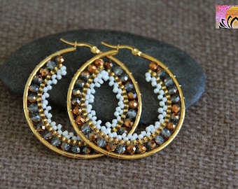 LAST ONE | Bohemian Handwoven Glass Beads Hoops | Beaded Earrings | 50mm | Artisanal Handmade Original Earrings with Stainless Steel Pins