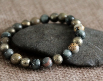 Pyrite Eagle Eye Stone Dendritic Jasper Bracelet-MIND FOCUS/INSPIRATION-Boho Gemstone Stretchy Statement Bracelet-Artisan Handmade Jewelry