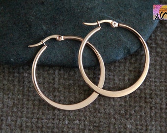 35mm Rose Gold Hoop Earrings | Hypoallergenic Stainless Steel Earrings | Wide Flat Side Hoops