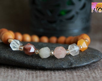 Rutilated Quartz Sandalwood Bracelet-Spiritual GROWTH/TRANSITIONS-Stacking Gemstone Bracelet-Crystal Healing Bracelet-Organic Yoga Jewelry