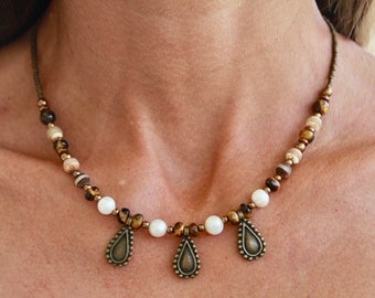 Choker Necklace | Freshwater Pearls Tigers Eye Dzi Beads | 16" 42cm | Ethnic Beaded Short Necklace | Original Boho Stone Necklace