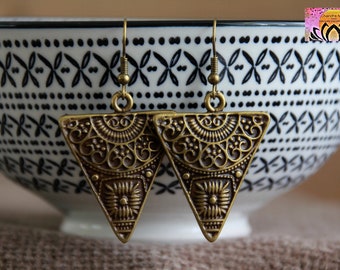 Original Bronze Triangle Earrings | Antique Bronze | Large Triangle Metal Charm Earrings | Rustic Boho Ethnic Jewelry | Statement Earrings