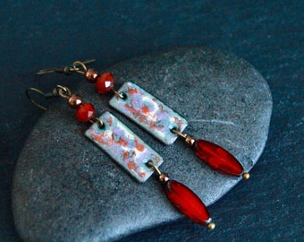 ONLY ONE | Red Enamel Earrings with Copper | Original Handmade Enamel Charm Earrings | Artisan Handcrafted Enamel on Copper | Boho Jewelry