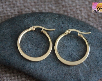 25mm Golden Hoop Earrings | Hypoallergenic Stainless Steel | Modern Original Flat Side Wide Thick Hoops | Boho Ethnic Tribal Earrings