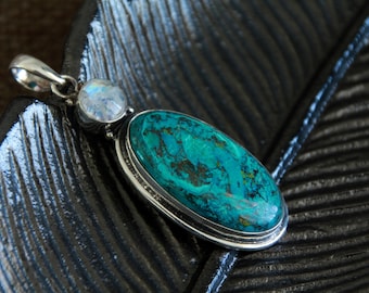 Shattuckite Moonstone Pendant | 64x22mm | Sterling Silver | High VIBRATIONS/SPIRITUALITY/PSYCHIC | Gemstone Jewelry | Chakra Healing Crystal