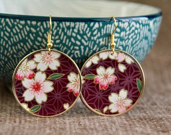 Purple Flower Earrings-Japanese Paper Earrings-Round Metal Charm-Gold Hoops-Unique Artisan Handmade Jewelry-Elegant Statement Earrings