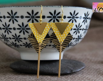 Japanese Style Earrings | Elegant Long Japanese Paper on Metal Charm Earrings | Black Gold Statement Earrings | Unique Artisan Jewelry