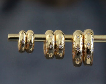 Chunky Shiny Stars Hoops | 18k Gold | Cubic Zirconia | Golden Huggies Hoops | 3 Sizes Available | 8mm Thick Wide Side