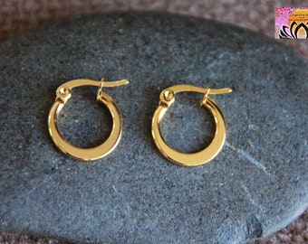 15mm Small Golden Hoop Earrings | Flat Side Wide Thick Hoops | Hypoallergenic Stainless Steel | Modern Original Boho Hoops | Ethnic Earrings