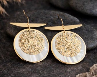 Mother of Pearl Charm Earrings | Large Dangle Earrings | Ethnic Metal Charm Earrings | Bohemian Jewellery | Bold Statement Earrings