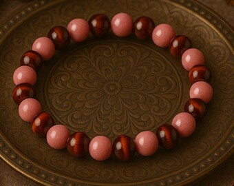 Rhodochrosite Red Tigers Eye Bracelet | POSITIVE ATTITUDE PASSION Vitality | Statement Bracelet | Stretchy Natural Gemstone Bracelet