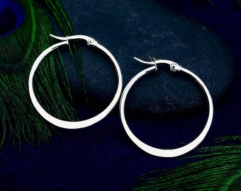 35mm Silver Hoop Earrings | Hypoallergenic Stainless Steel Earrings | Original Modern Wide Flat Side Hoops