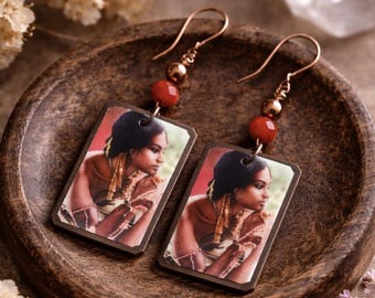 ONLY ONE | Retro Ethnic Earrings | Woman Portrait | Handmade Oxidized Copper Charm | Original Artisan Earrings | Unique Boho Jewelry