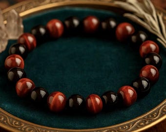 Red Tigers Eye Tourmaline Bracelet | PROTECTION CONFIDENCE SURVIVAL | Gemstone Stretchy Bracelet | Unisex Crystal Bracelet | 8mm or 10mm